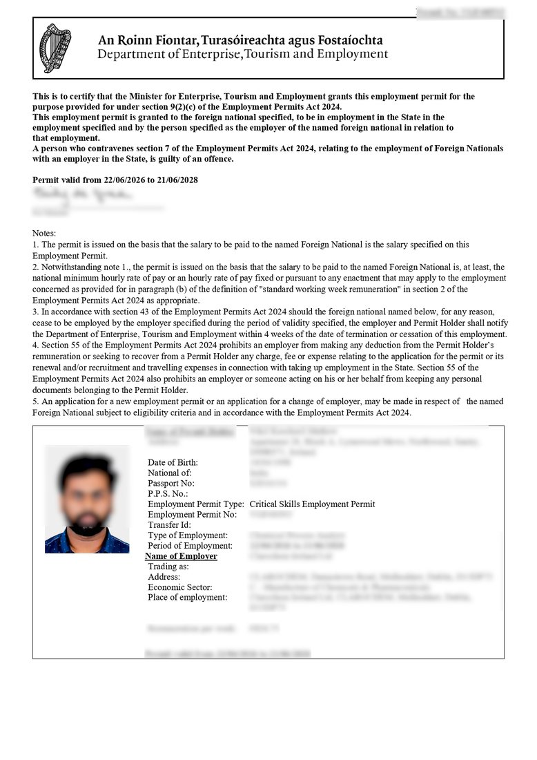 Critical Skills Permit, client approval with personal details redacted