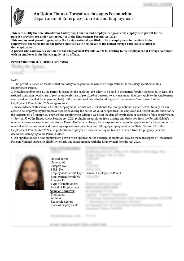 General Employment Permit, client approval with personal details redacted